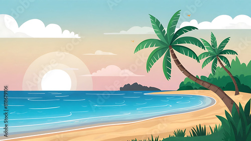 a flat design of peaceful beach with a calm ocean  and a few palm trees against a pastel sunset