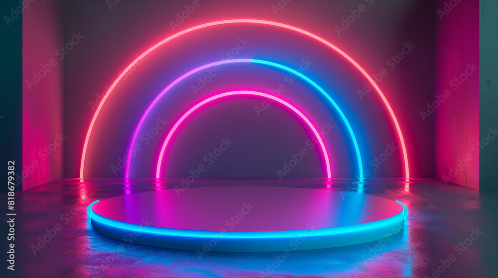 3D illustration representing a blank product stand with neon lights on a dark background, neon glow of a stage room, stage Free neon effect backgrounds colorful wallpapers 3D illustration representing a blank product stand with neon lights on a dark background, neon glow of a stage room, stage Free neon effect backgrounds colorful wallpapers