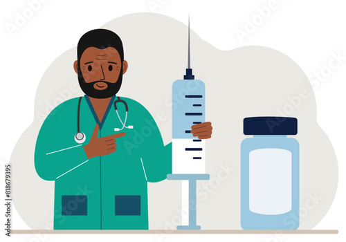 Male doctor with a large syringe and ampoule. Vector flat illustration