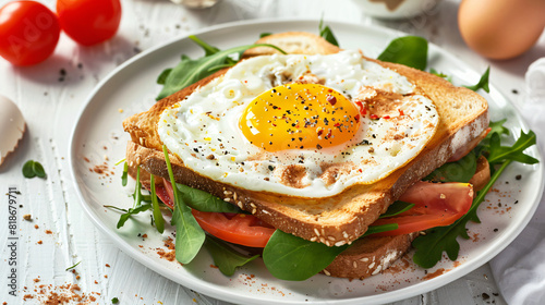 Plate of tasty sandwich with florentine egg on white background photo