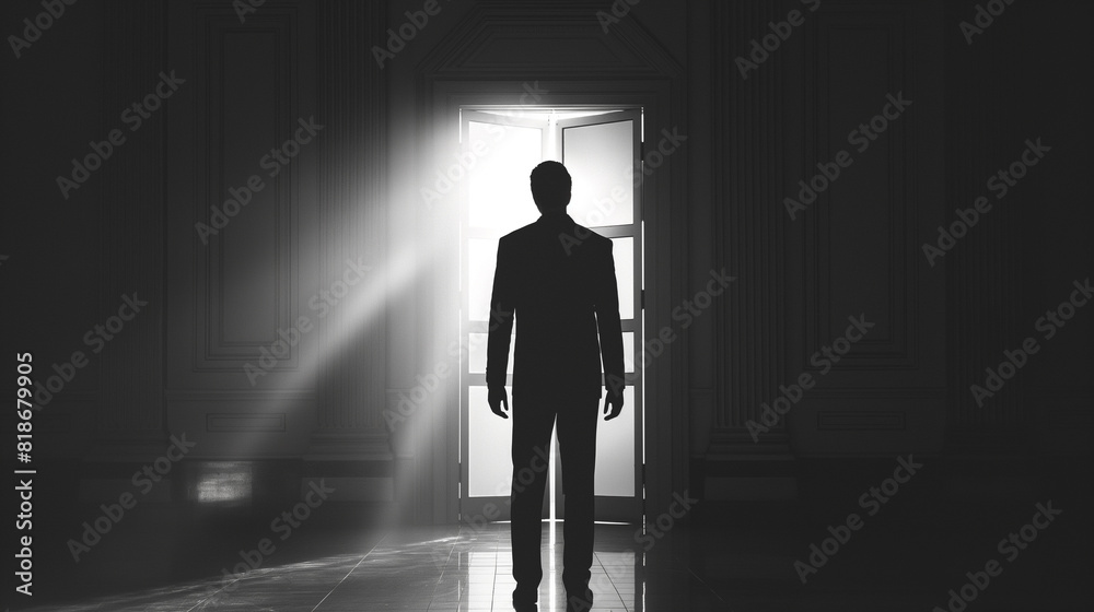 Obraz premium A businessman stands in front of an open door from which fire emanates. Business ideas and challenges A repository of success and gratitude