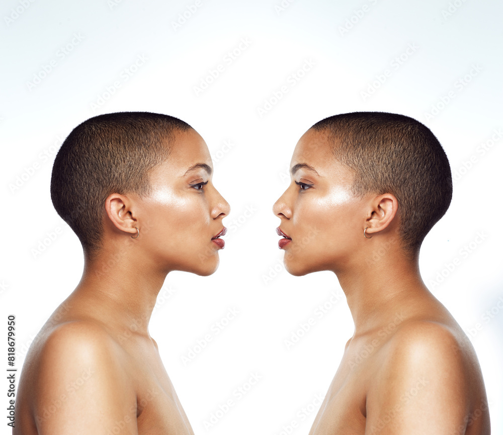 Twin, beauty and woman in studio for skincare, profile or collage isolated on white background. Cosmetics, makeup and bald model in spa for dermatology glow, health or wellness of clone mirror effect Twin, beauty and woman in studio for skincare, profile or collage isolated on white background. Cosmetics, makeup and bald model in spa for dermatology glow, health or wellness of clone mirror effect