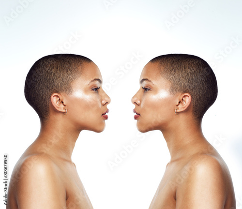 Twin, beauty and woman in studio for skincare, profile or collage isolated on white background. Cosmetics, makeup and bald model in spa for dermatology glow, health or wellness of clone mirror effect