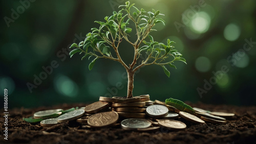 Small tree sprout on pile of coins wealth financial growth and investment sustainability photo