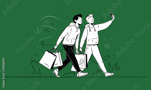 Two boys walking with shopping bags and taking selfie. A clean and modern flat design illustration.