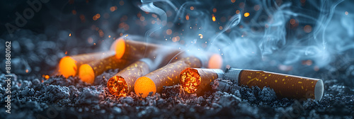 A Pile of Cigarette Butts and Smoke,
A closeup of a burning cigarette releasing toxic smoke into the air emphasizing the harmful effects of smoking on respiratory health and air quality photo