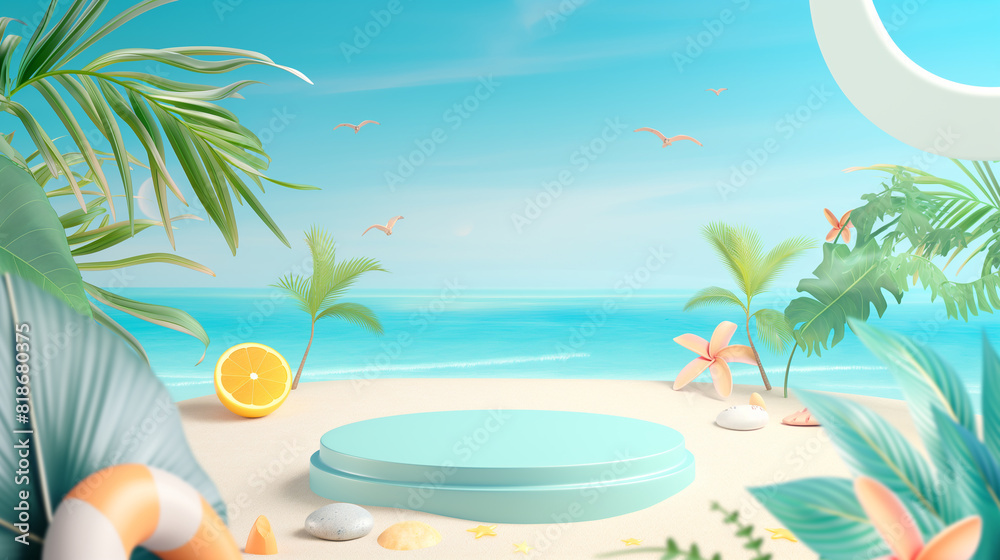 Fototapeta premium 3D podium, podium model, stage or platform With copy space for product presentation on beach with blue sky, summer tropical background.