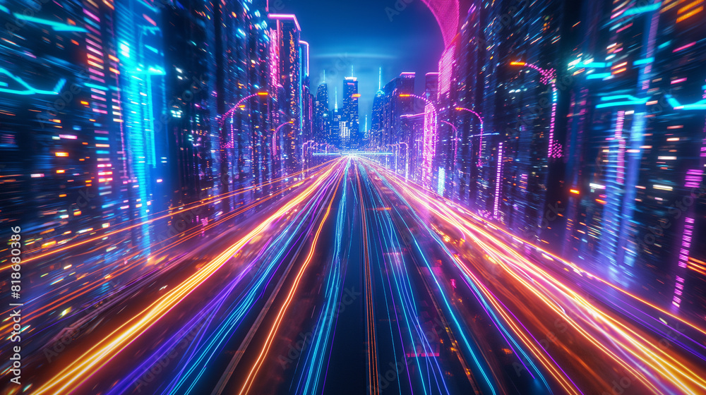 3D futuristic cyberpunk city with blue and pink light trails. Create a sci-fi night city with skyscrapers in the background, night life, technology networks, billboards.