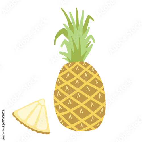 Digital illustration of a whole pineapple and slice on a white background, vibrant and tropical.