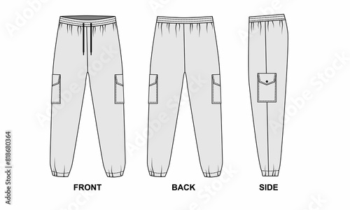 Obraz na płótnie Technical drawing of cargo pants front, back and side view