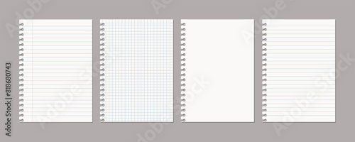 Set of vector realistic illustrations of a torn sheet of paper from a workbook with shadow isolated
