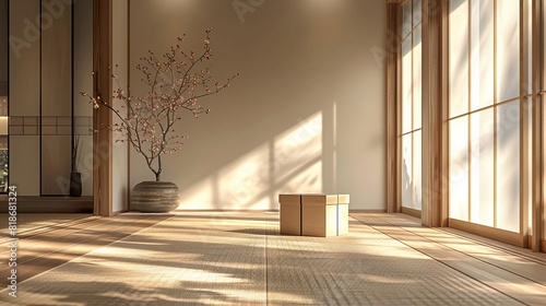 Delivery package on a traditional Japanese tatami mat inside a minimalistic room, serene and clean design
