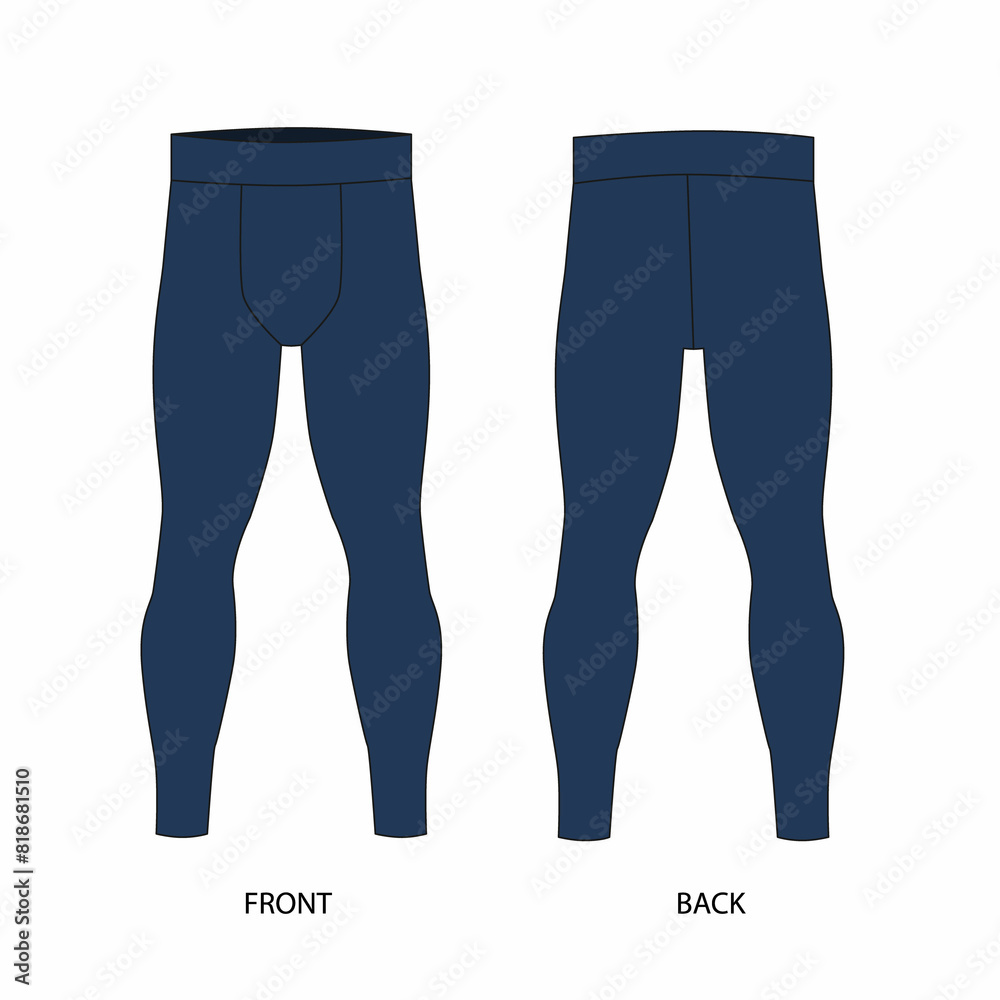 Template of men's leggings, front and back view. Sketch of compression blue men's stretch fabric compression pants. Illustration of thermal underwear for men. Template of men's leggings, front and back view. Sketch of compression blue men's stretch fabric compression pants. Illustration of thermal underwear for men.