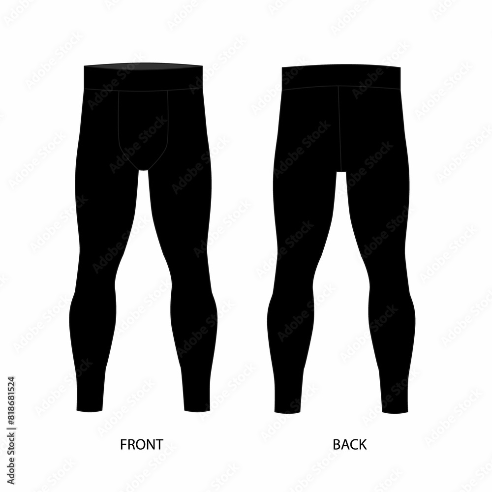 Illustration of basic men's leggings in black color. Sketch of men's sports pants made of stretch fabric. Drawing of thermal underwear for men front and back view. Illustration of basic men's leggings in black color. Sketch of men's sports pants made of stretch fabric. Drawing of thermal underwear for men front and back view.
