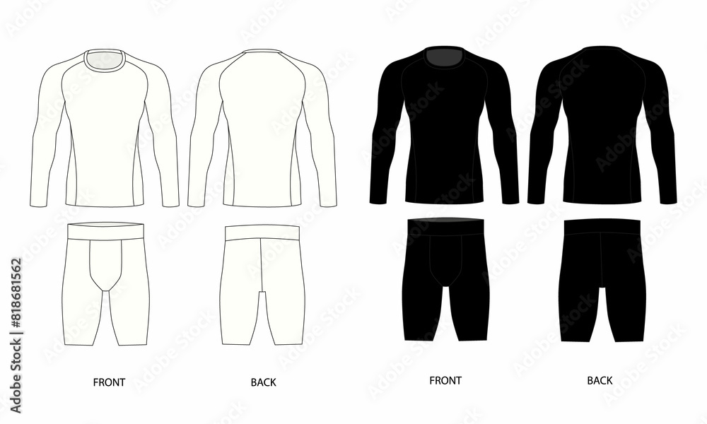 Technical drawing of men's underwear, front and back view. Set of drawings for men's T-shirt and boxer briefs. Set of longsleeve and cycling shorts for men. Technical drawing of men's underwear, front and back view. Set of drawings for men's T-shirt and boxer briefs. Set of longsleeve and cycling shorts for men.