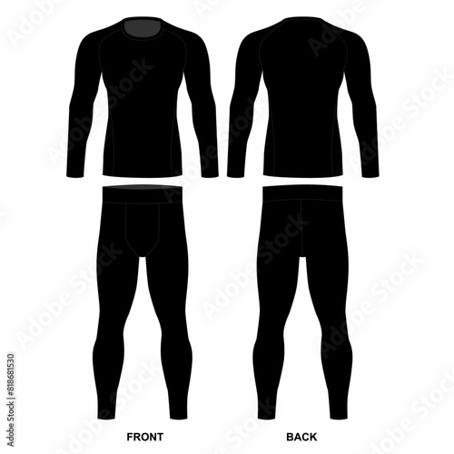 Drawing of a black colored longsleeve and men's sports leggings. Illustration of a set of men's underwear, front and back view. Illustration of rashguard and training pants for sports. 