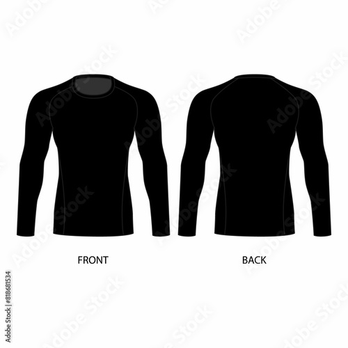 Illustration of a basic, black, long-sleeved shirt, front and back view. Sketch of a jersey rashguard t-shirt for men for sports. 