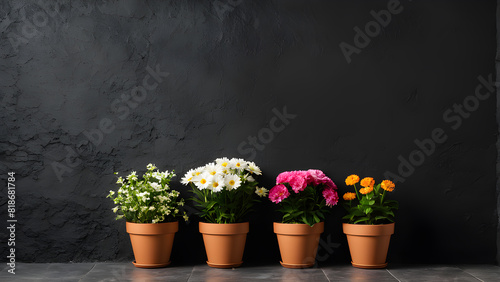 a row of flower pots with flowers on a black background.