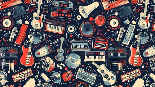 background with cartoon musical pattern. Colorful detailed Retro background with lots of musical instruments objects. funny illustration. Bright colors background with musical symbols and elements.
