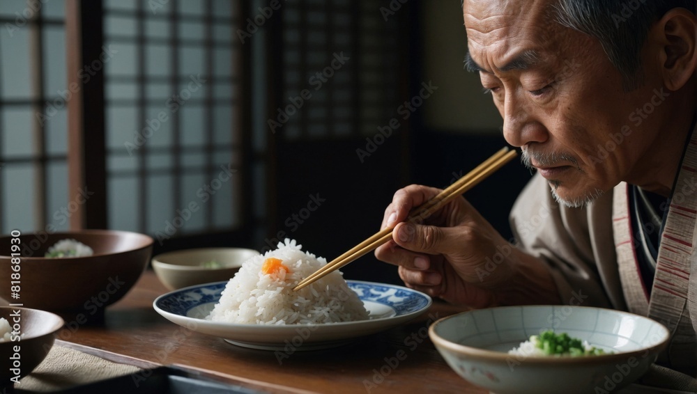 Asian men eat using chopsticks