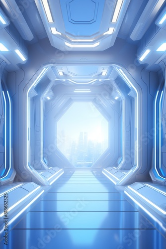 Futuristic spaceship corridor with illuminated walls