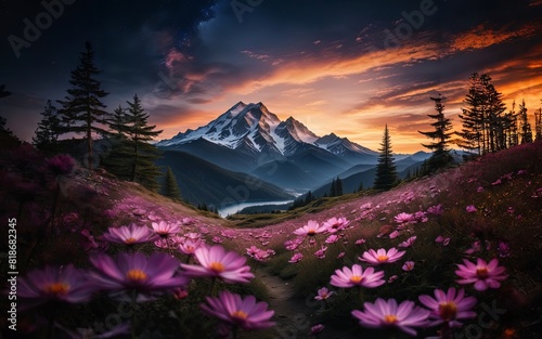 A beautiful mountain range with a purple sky and a field of pink flowers