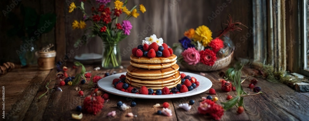 Naklejka premium A stack of pancakes with berries on top of a white plate