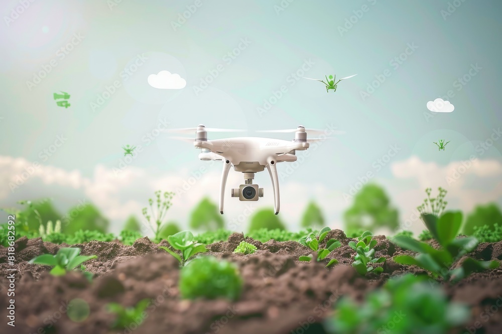 Efficient precision farming with smart drone technology enhances modern agriculture, green cultivation, crop health monitoring, and advanced vector illustrations.