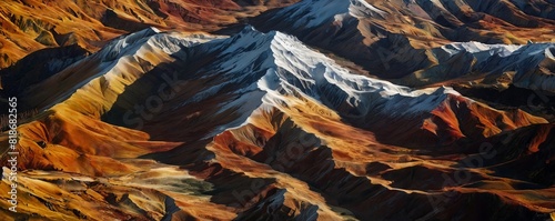 A mountain range with snow on top and a yellowish brown color photo