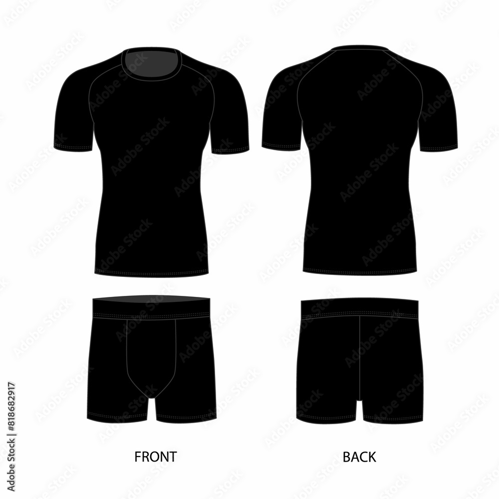 Naklejka premium Technical drawing of men's underwear, front and back view. Set of drawings for men's T-shirt and boxer briefs in black color.