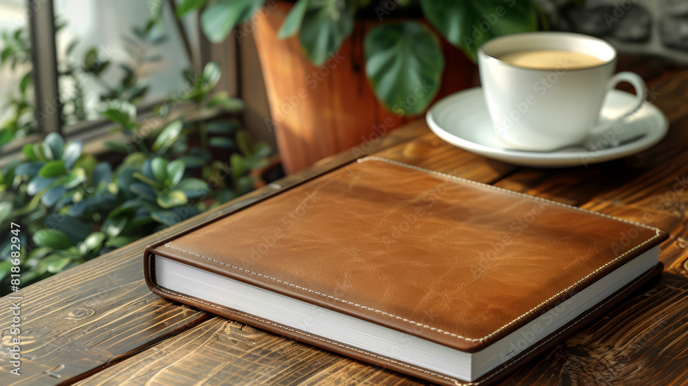 Hardcover book mockup on a wooden table with a cup of coffee and plant in the background, isolated with copy space for cover design and branding presentation, Hardcover book mockup on a wooden table with a cup of coffee and plant in the background, isolated with copy space for cover design and branding presentation,