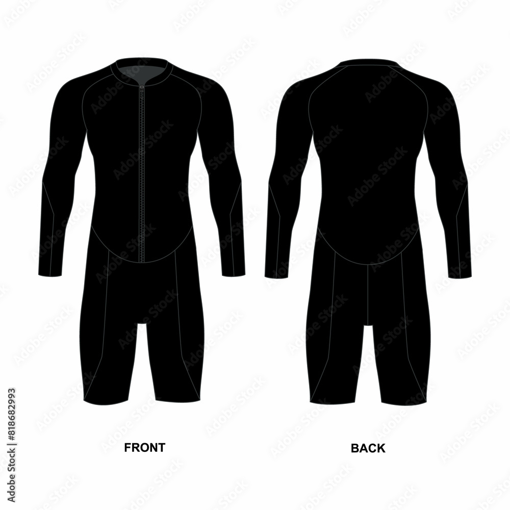 Illustration of a black dive swim suit, front and back view. Illustration of a cycling suit with zipper. Sketch of men's scuba suit, isolate on white. Illustration of a black dive swim suit, front and back view. Illustration of a cycling suit with zipper. Sketch of men's scuba suit, isolate on white.