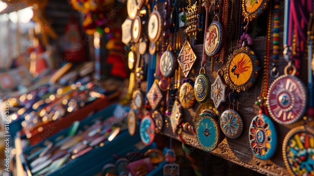 Show a close-up of festival merchandise like badges and stickers, emphasizing the textures and designs, with a vendor stall backdrop, hyper-realistic, 24mm, shot by Sony, with Composite