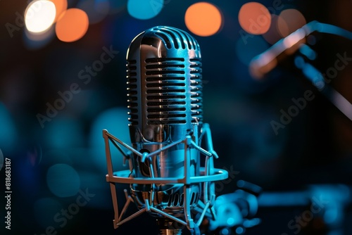 Vintage microphone in focus under colorful stage lights in a professional recording studio or live performance setting.