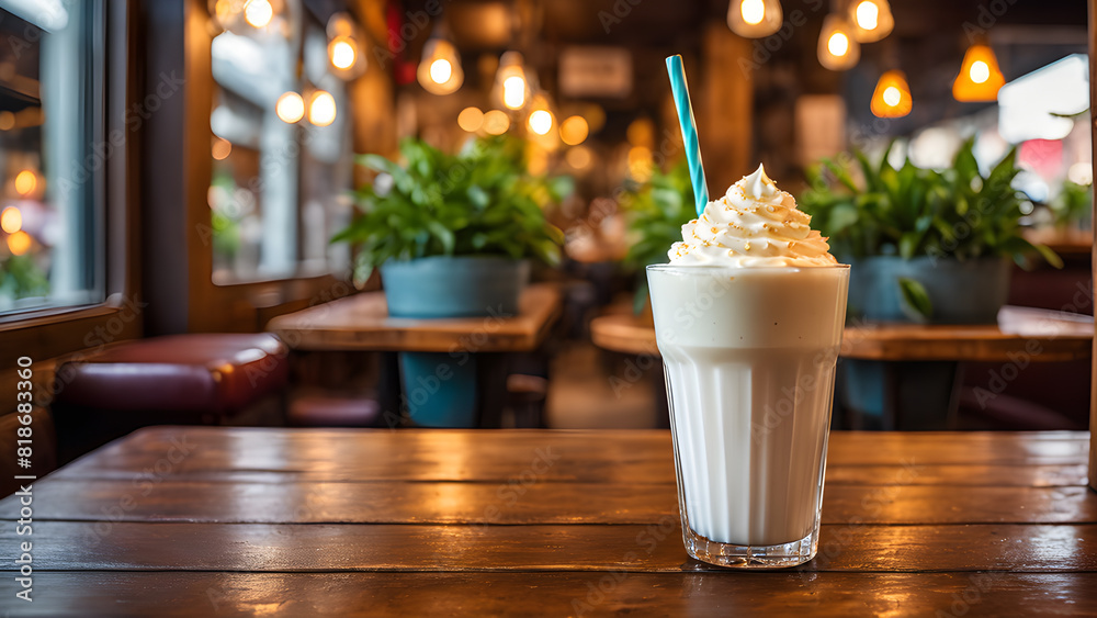 a glass of milkshake with a straw in it sits on a wooden table. a glass of milkshake with a straw in it sits on a wooden table.