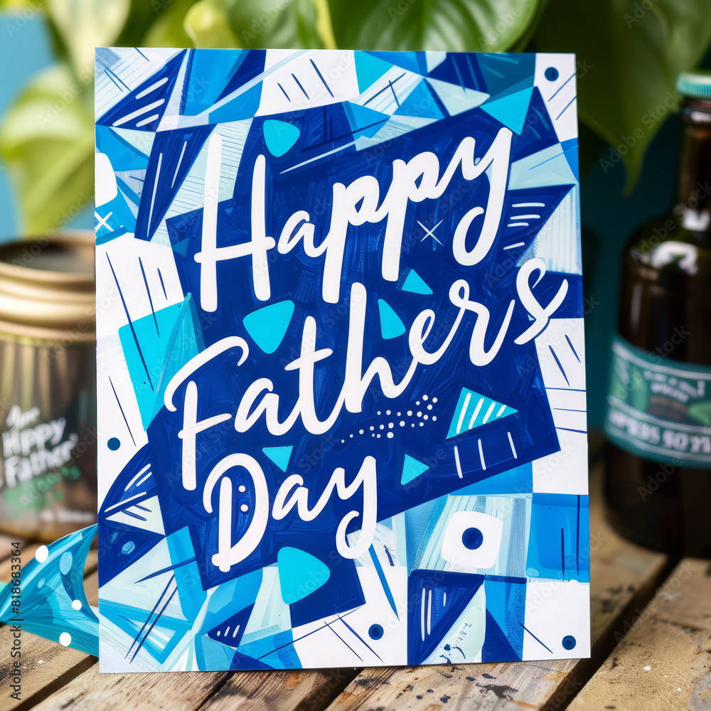 Fototapeta premium Contemporary Father’s Day card with a vibrant blue and white geometric design and bold