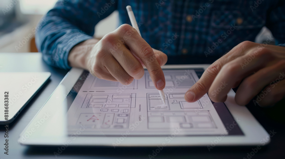 Designer working on a tablet with a sleek and user-friendly mobile app interface, emphasizing modern design principles and simplicity, set against a plain background, Designer working on a tablet with a sleek and user-friendly mobile app interface, emphasizing modern design principles and simplicity, set against a plain background,