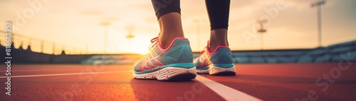 Running shoes of athletic runner training in stadium at sunset photo