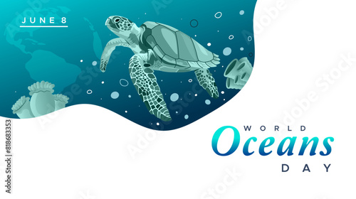 world oceans day celebration template design. Happy World Oceans Day, June 8. Accompanied by a vector illustration of a sea turtle. The concept of increasing public interest in marine protection