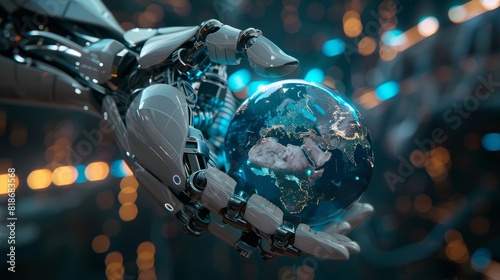 Show an advanced robotic hand supporting a digital globe, emphasizing the detailed mechanics and vibrant digital elements, symbolizing global technology, ultra-realistic, with Blend mode photo