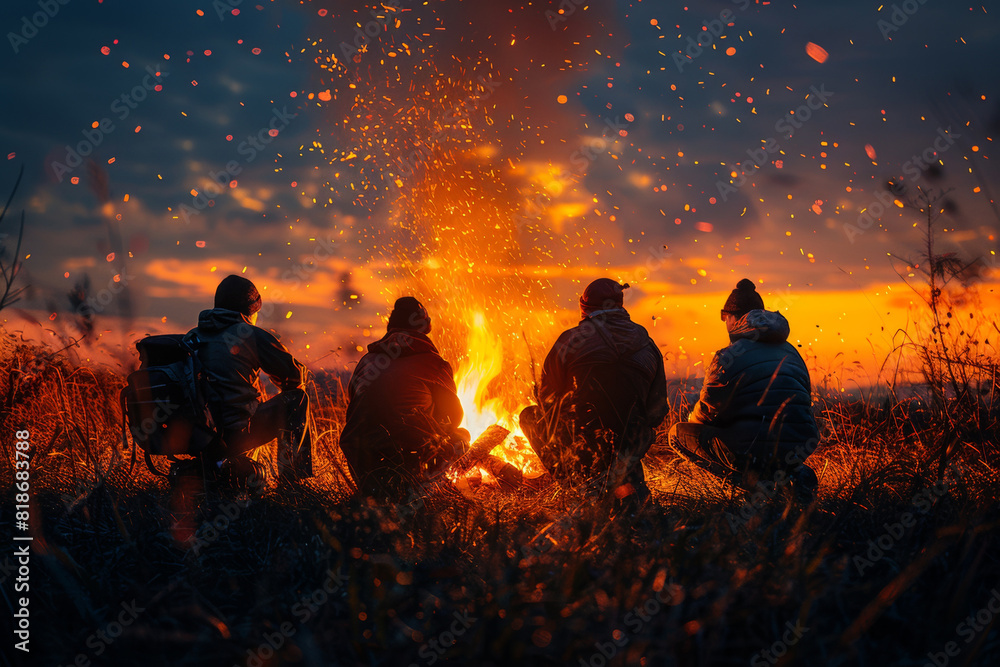 Fototapeta premium Friends relax around a blazing campfire at night, warming glow in nature's embrace.