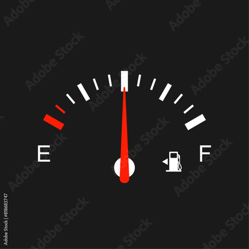 Fuel gauge with warning to indicate low fuel level. Vector illustration of classic gas tank indicator on car dashboard panel. Half tank of gasoline. 