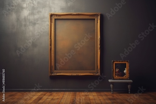Old big brown frame in interior and small brown frame on chair. 