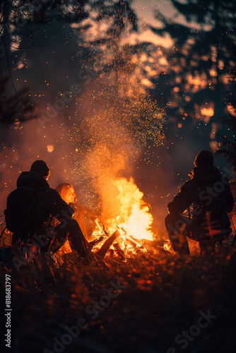 Friends gather around a glowing campfire at night  sharing laughter and warmth in nature s embrace.