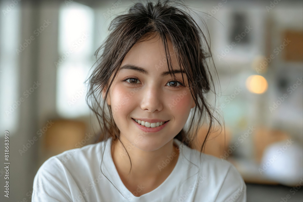 Smiling young asian woman closeup minimalist portrait, for marketing campaign
