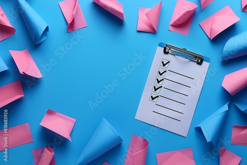 Organized checklist on clipboard surrounded by pink and blue paper envelopes and cones on a blue surface. Productivity and planning concept. photo