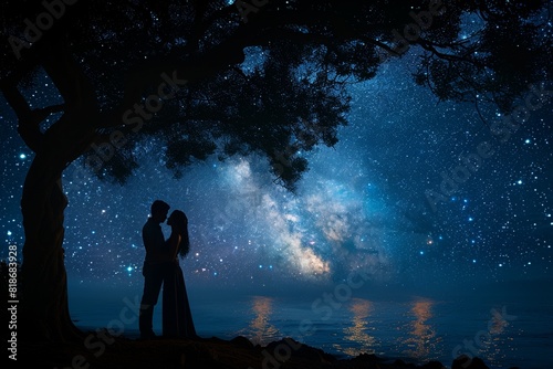In the romantic starry night, a couple kisses under the cosmic embrace of the universe.
