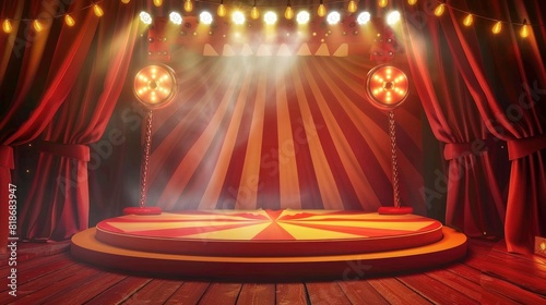 Circus stage podium background 3D carnival light red show curtain. Circus platform stage podium tent theater arena sign vintage spotlight circle stand bulb ringmaster ring cirque cartoon party cinema