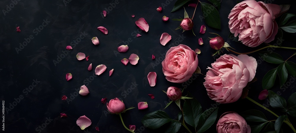 top view pink peony rose on black background, sensual romantic spring fashion concept top view pink peony rose on black background, sensual romantic spring fashion concept