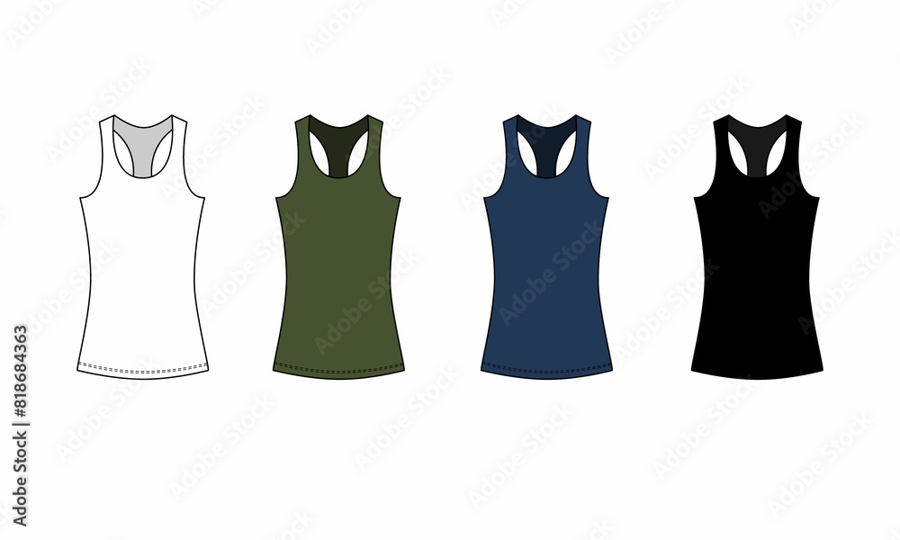A collection of simple, basic sleeveless, isolate t-shirts on a white background. Set of t-shirt designs in white, blue, green and black colors. A collection of simple, basic sleeveless, isolate t-shirts on a white background. Set of t-shirt designs in white, blue, green and black colors.